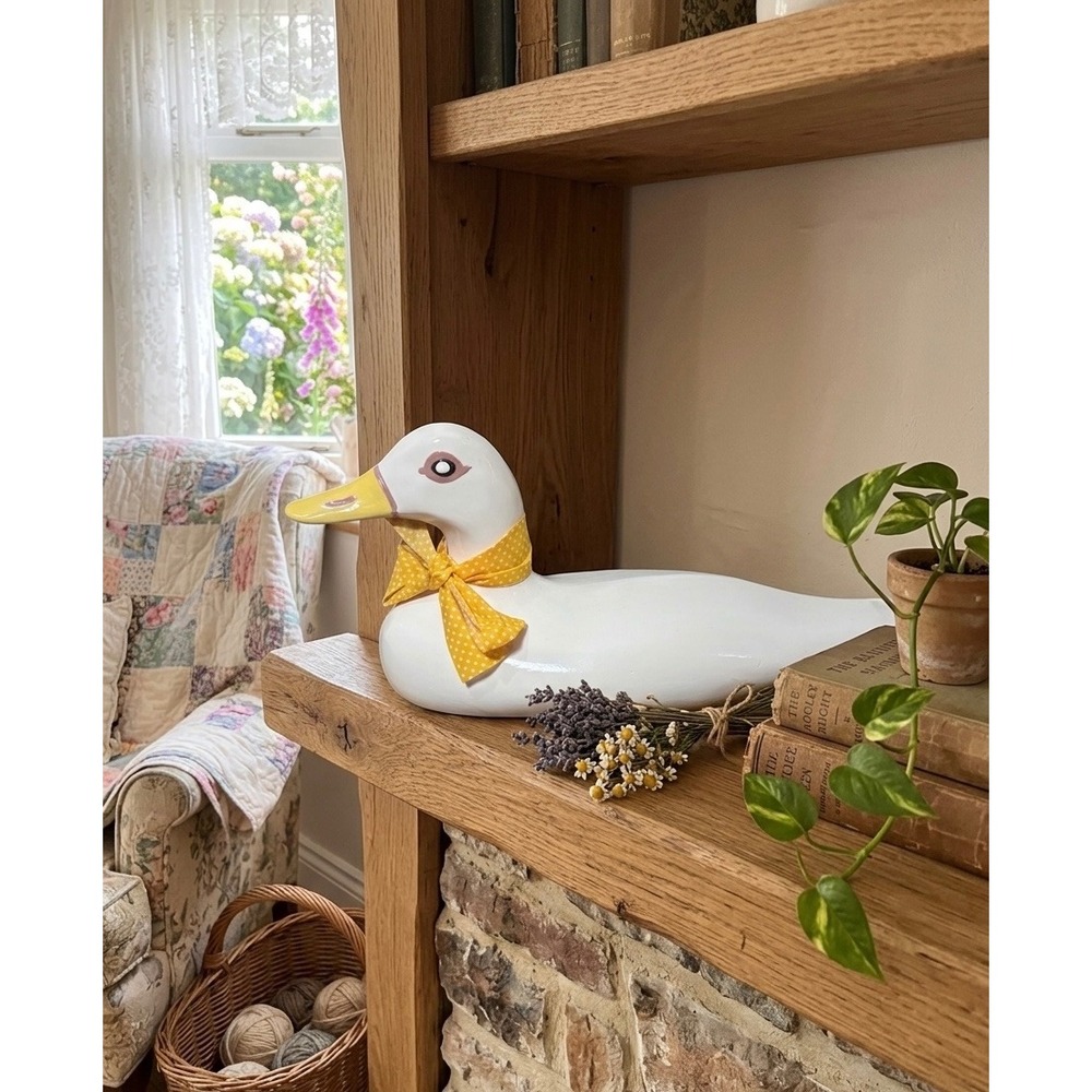 Vintage Ceramic White Duck Figurine Yellow Polka Dot Bow Cottagecore Decor